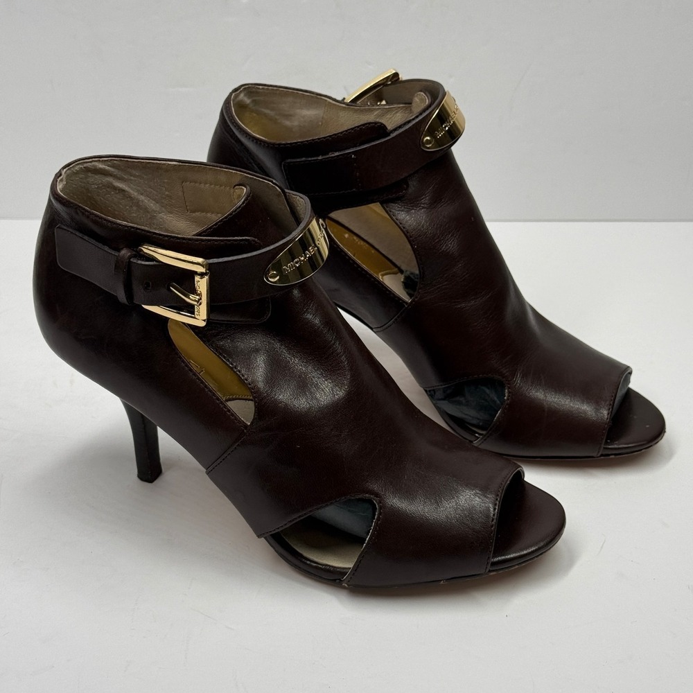MICHAEL Michael Kors Peep Toe Buckle Ankle MK Plate Bootie Brown Leather 7.5M